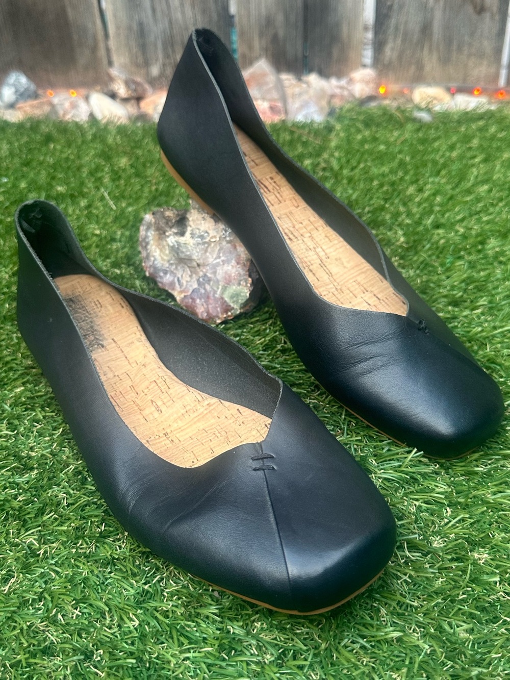 Kork-Ease Black Leather Square-Toe Ballet Flats